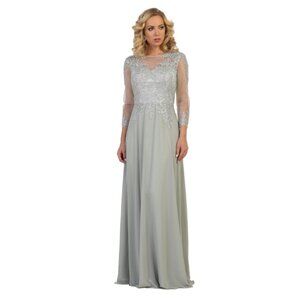 Silver Evening Long Boat Neck 3/4 Sleeve A-Line Dress By May Queen MQ1549
